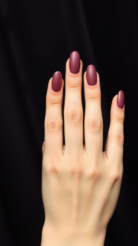 A close-up view of a hand with almond-shaped nails painted in a deep burgundy matte finish.