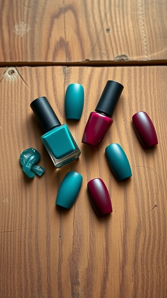 An assortment of matte nail polish bottles and color swatches on a wooden surface.