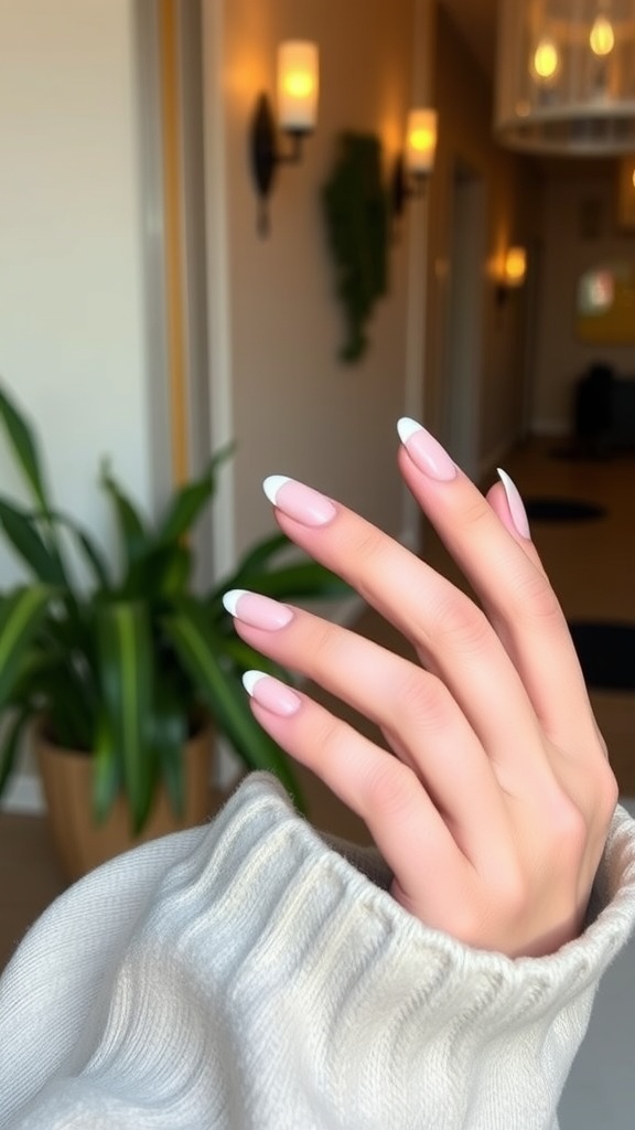 A hand displaying a matte finish French manicure with short pink nails and white tips, set against a cozy indoor background.