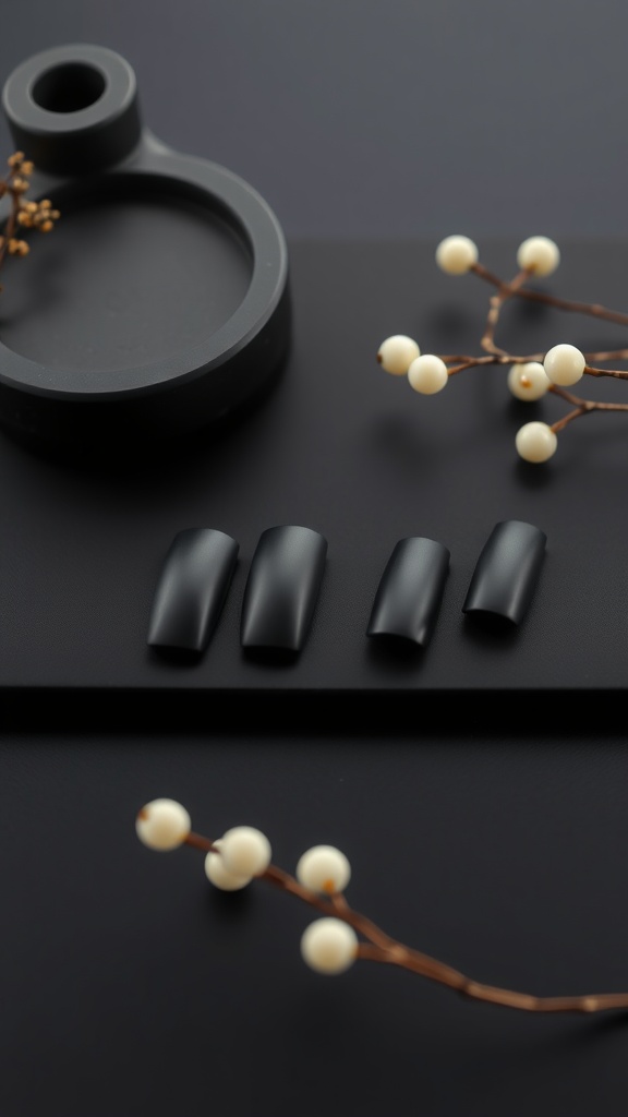 A collection of matte finish square nails on a dark surface with decorative branches.