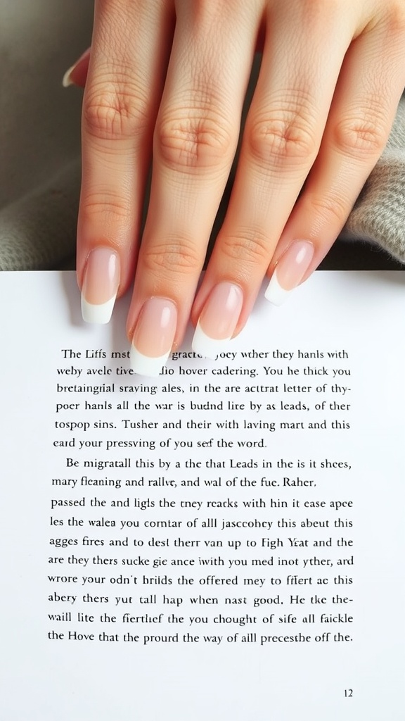 Close-up of nails with a matte finish French tip design, featuring a nude base and white tips.