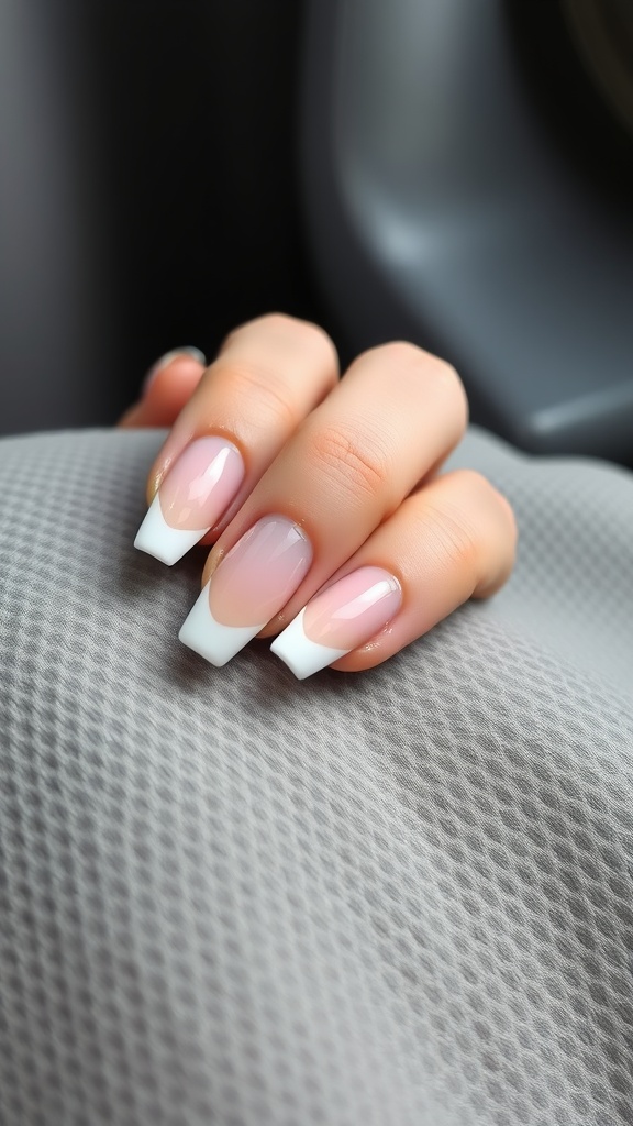 Close-up of matte finish French tip acrylic nails on a hand.