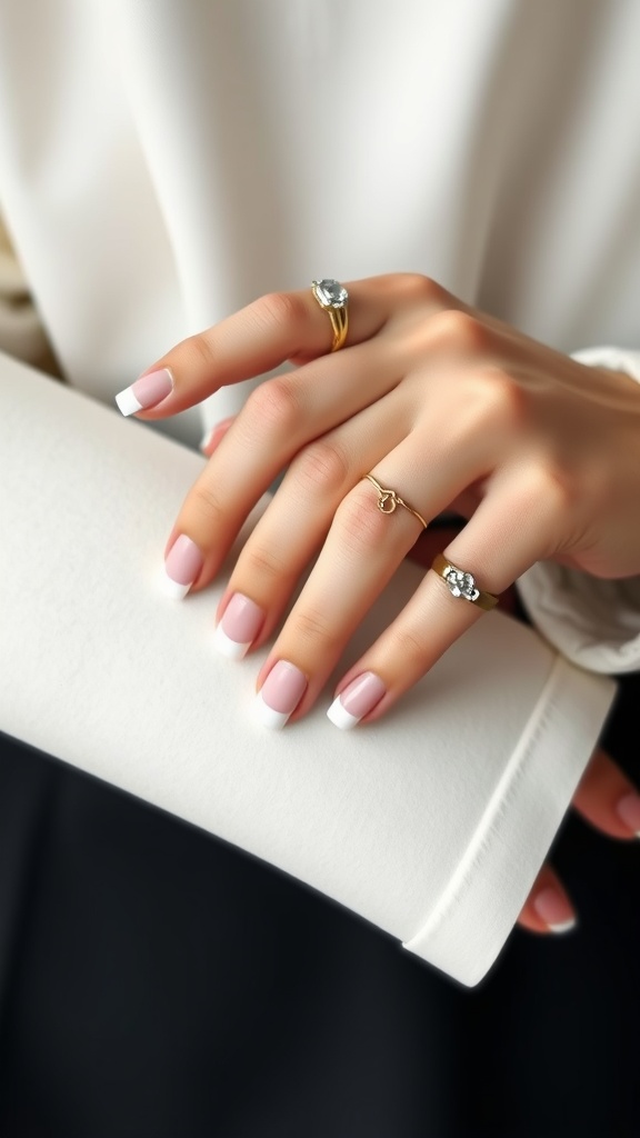 A close-up of manicured hands with matte finish French tips and gold rings.