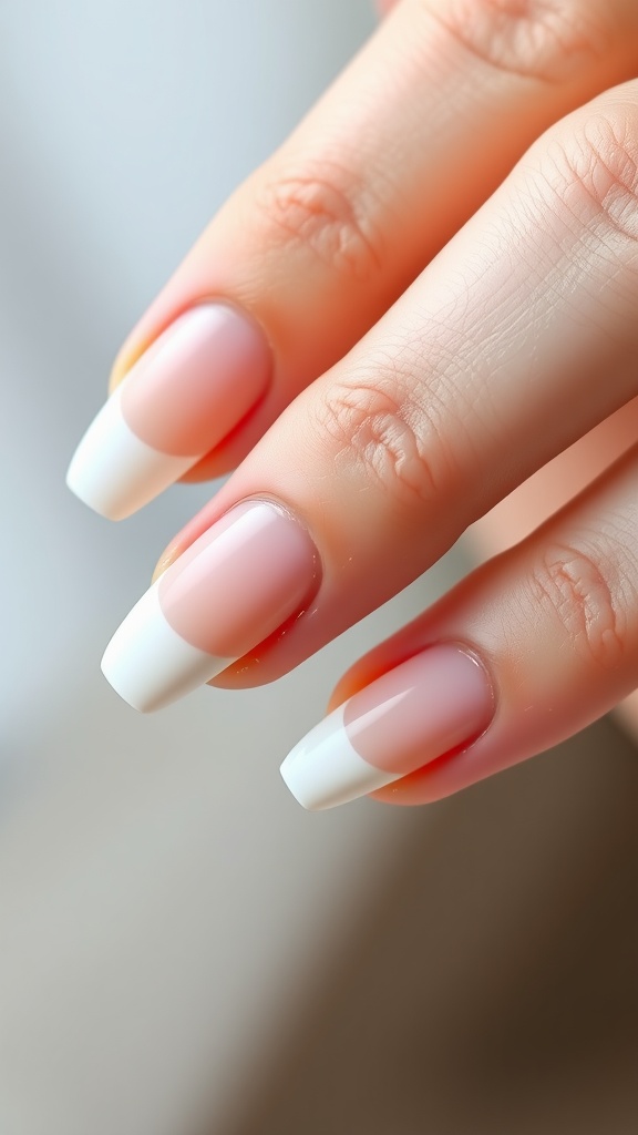 Close-up of hands with matte finish French tip nails, showcasing a nude base and white tips.