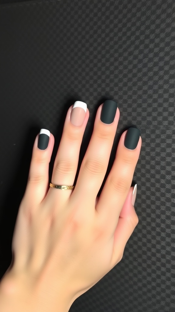 A hand with matte black nails and white French tips, showcasing a modern nail art design.