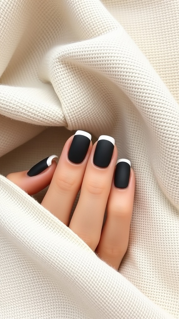 Close-up of hands with matte finish black French tip nails on a textured fabric background.