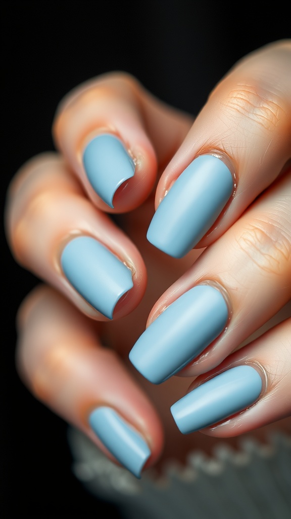 Matte finish light blue nails with a sleek design