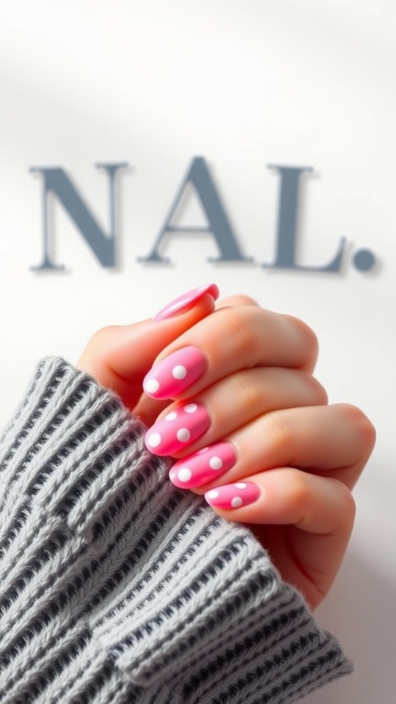 A hand showing pink matte polka dot nails with white dots against a soft background.