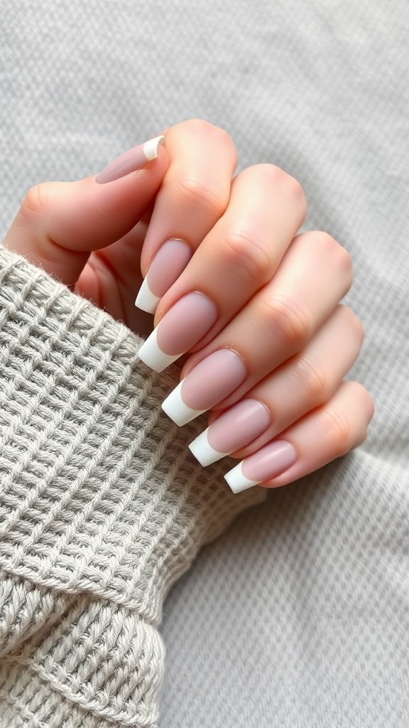 Nails featuring a matte finish with short square French tips.