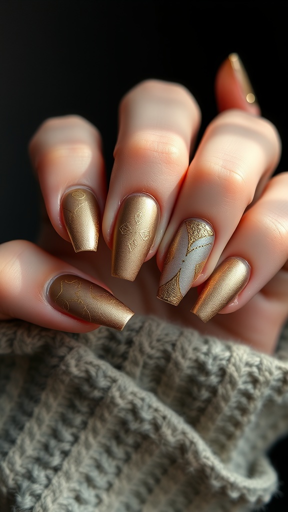 Short nails with a matte finish and elegant golden designs
