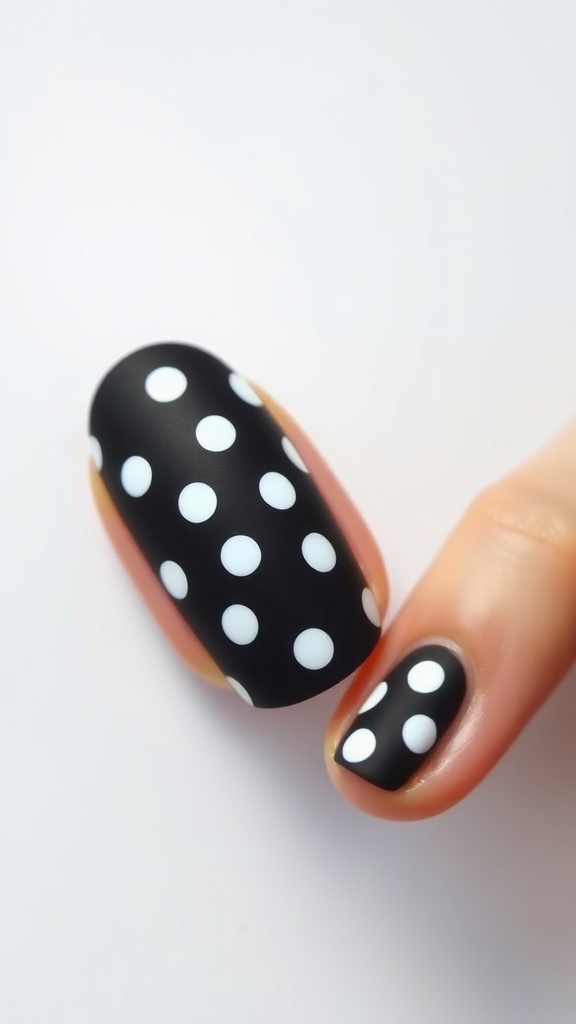 Nails with a matte black finish and glossy white polka dots.