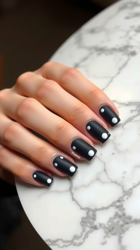 Black matte nails with glossy white polka dots on a marble surface