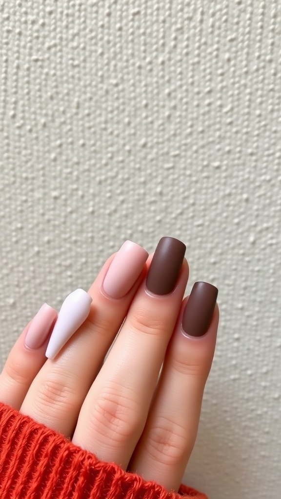 A hand showing short acrylic nails with a matte finish in pink, brown, and white colors.