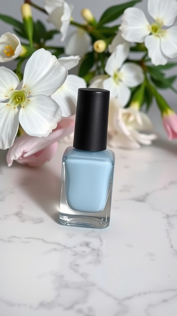 Bottle of light blue nail polish with flowers in the background