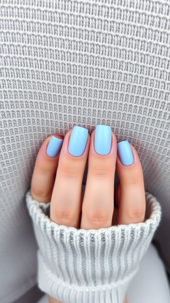 Close-up of hands with matte light blue nails against a gray knit background.