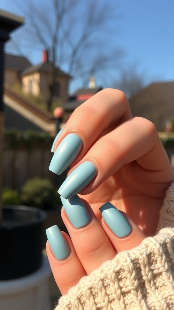 A close-up of manicured nails painted in a matte light blue color, held against a background of a cozy outdoor setting.