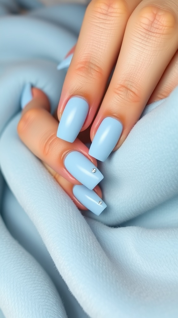 Matte light blue nails with glitter accents resting on a soft blue fabric