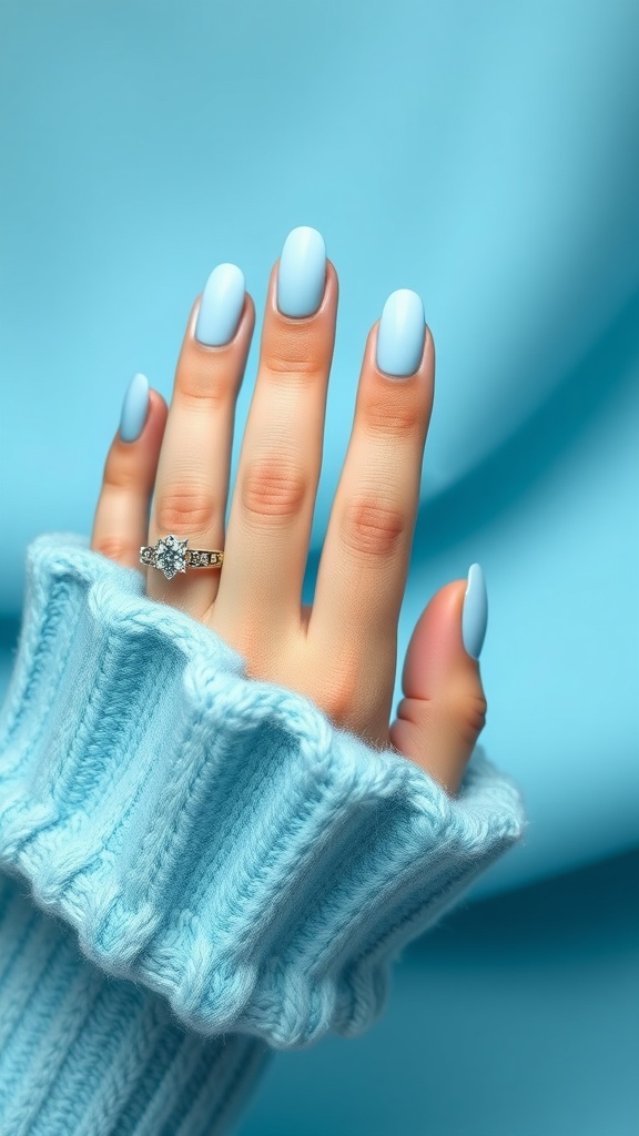 A close-up of a hand with matte light blue nails, wearing a cozy light blue sweater, showcasing a sparkling ring.