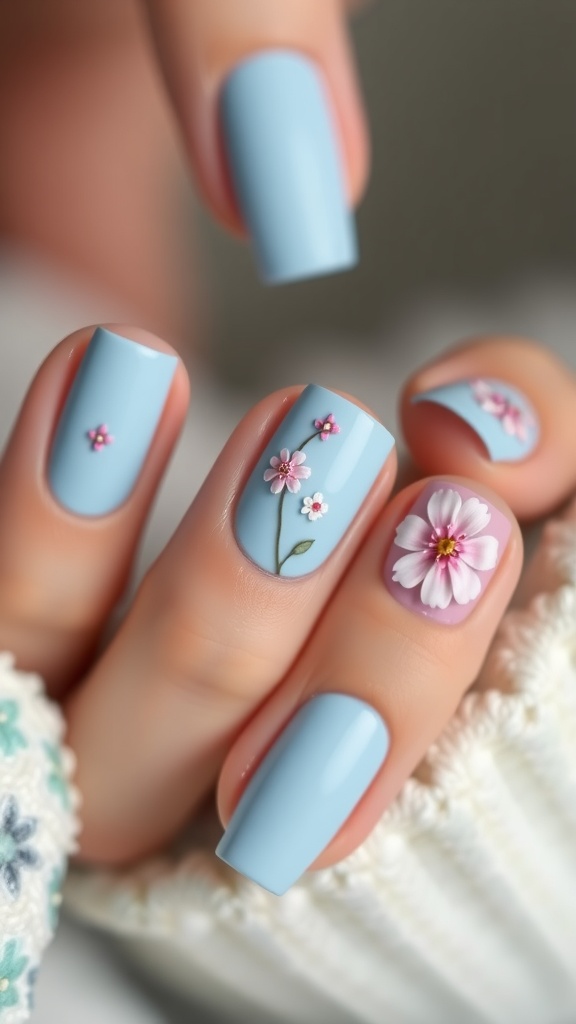 Light blue matte nails with glossy flower designs, featuring small pink flowers and a larger bloom.