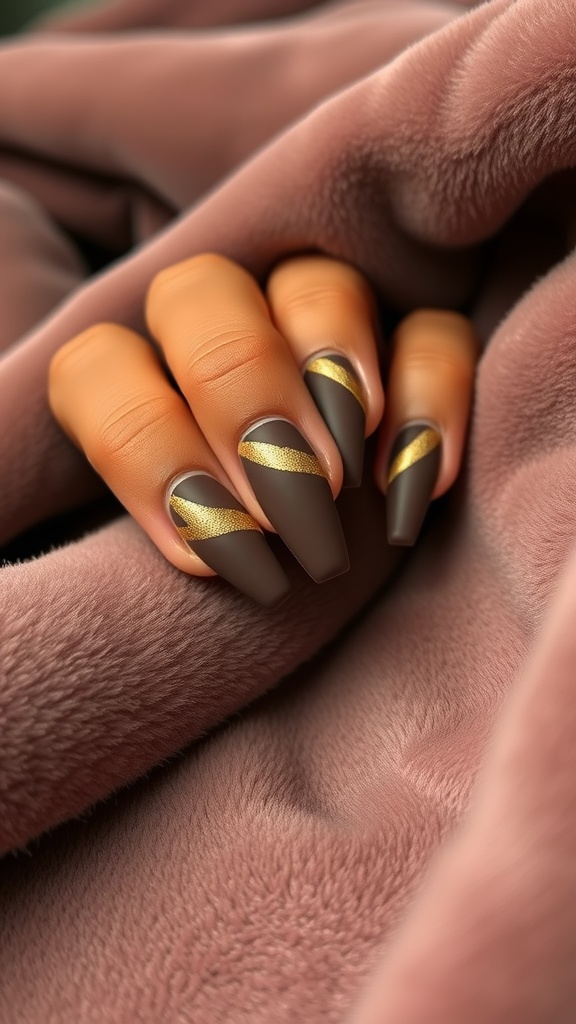 Close-up of matte mocha nails with gold accents on a soft textured background.