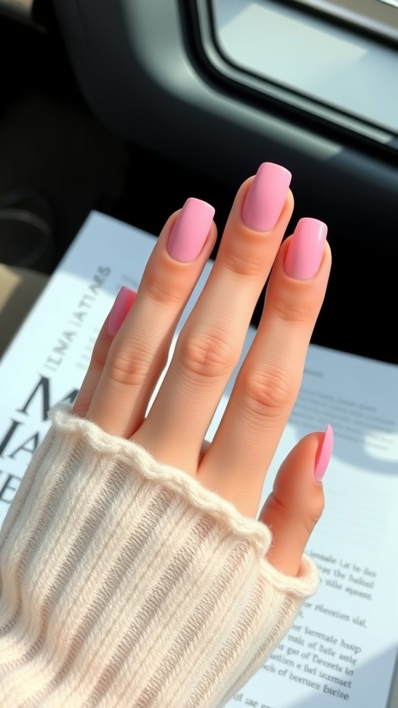 Close-up of hands with matte pink nails, wearing a soft sweater, with an open book in the background.
