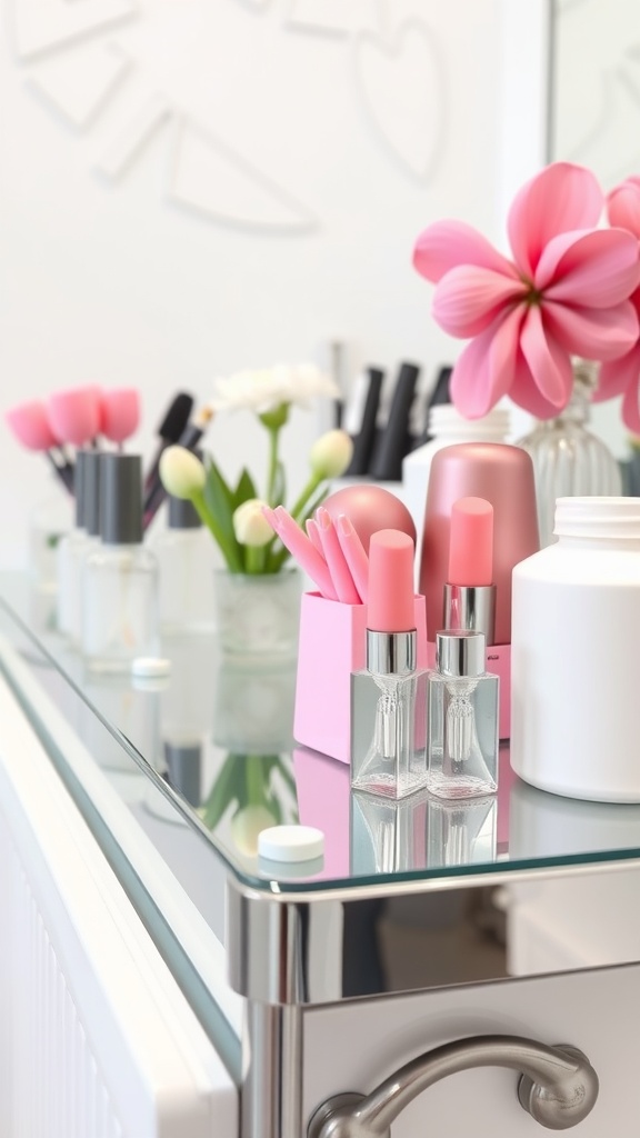 A beautifully organized vanity with pink nail polish, chrome accents, and flowers.
