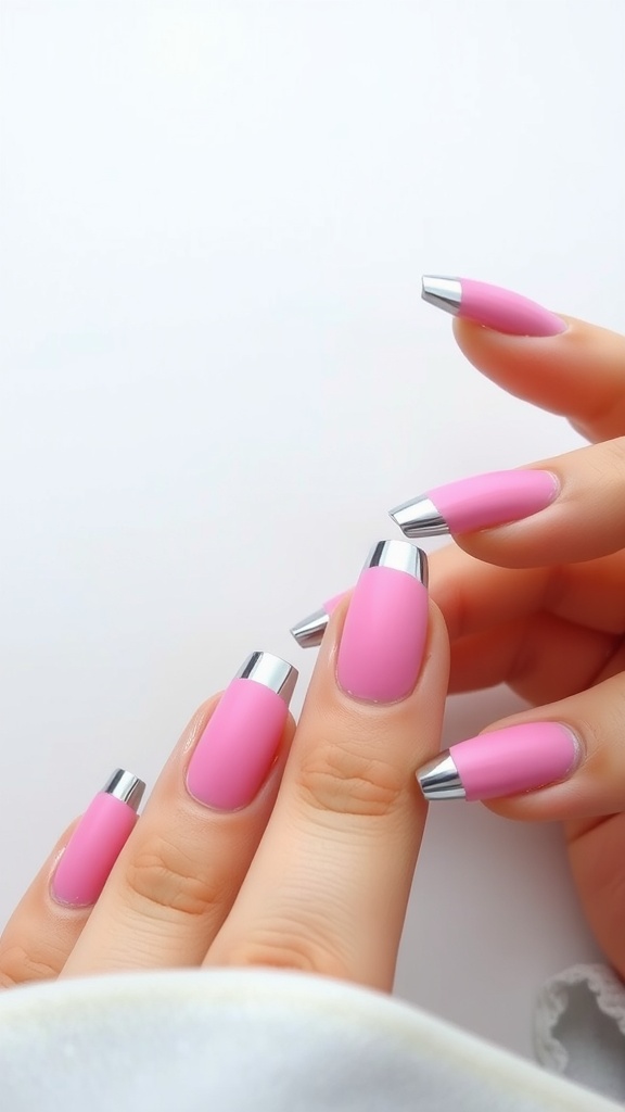Nails featuring a matte pink base with glossy chrome tips.