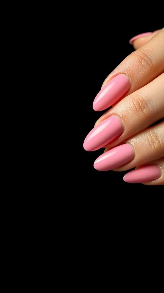 A hand showing almond-shaped nails painted in matte pink with glossy tips.