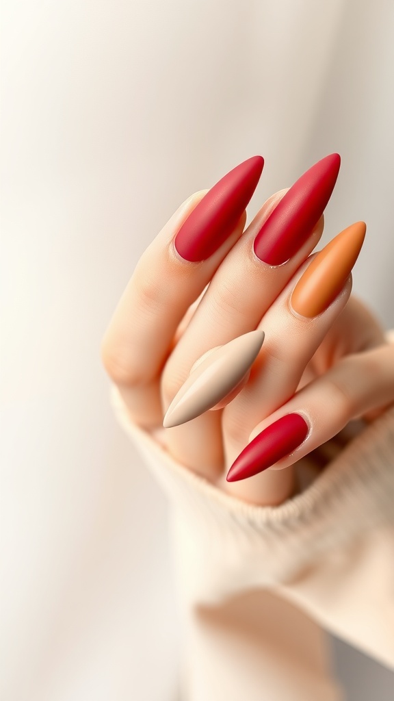 Matte red ombre nails in a variety of shades, showcasing a modern and elegant design.