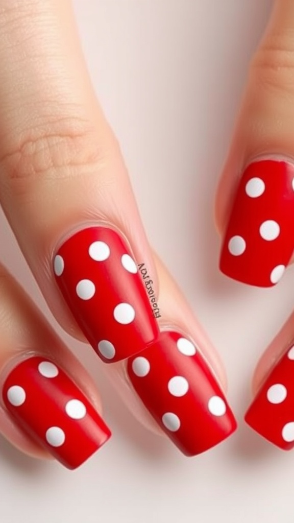 Matte red nails with glossy white polka dots