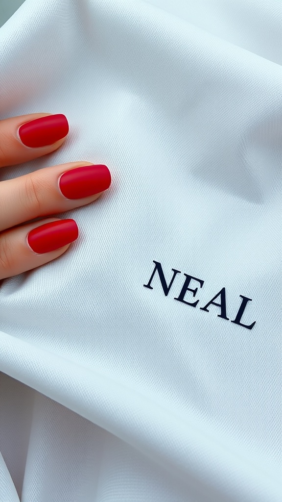 Close-up of matte red acrylic nails with glossy tips resting on a white fabric with the word NEAL printed on it.