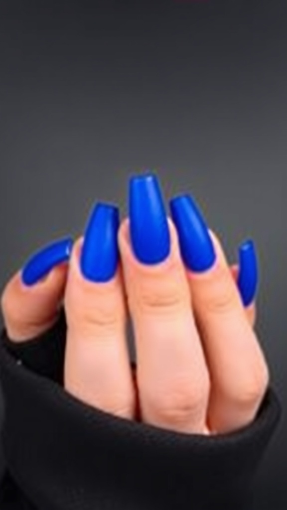 A hand showing matte royal blue stiletto nails against a dark background.