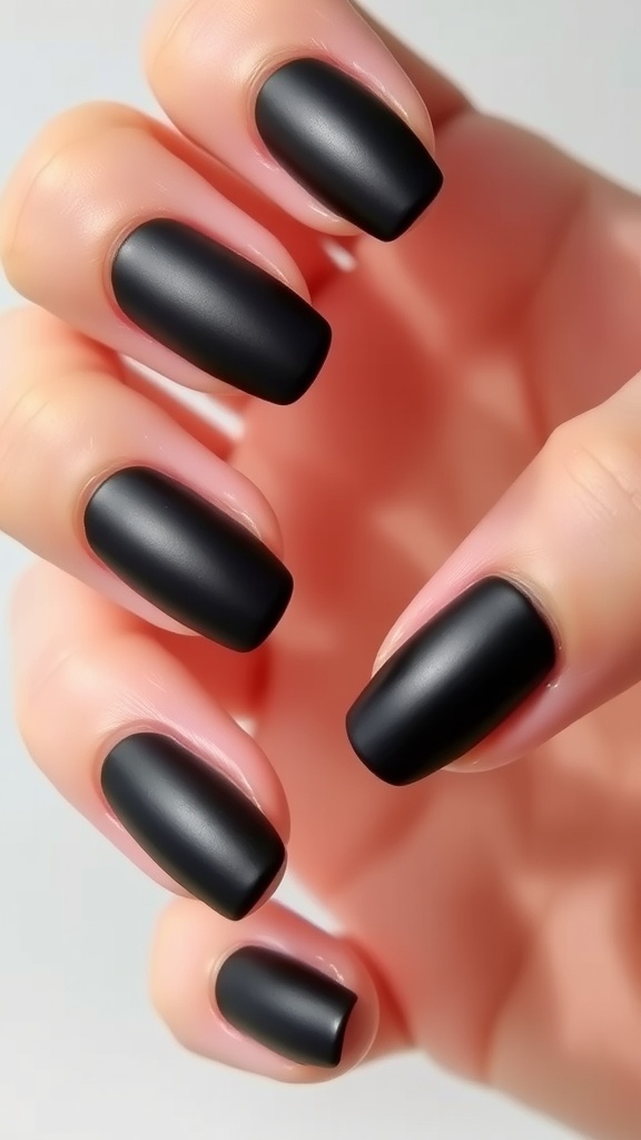 A close-up of black almond nails with a matte finish.
