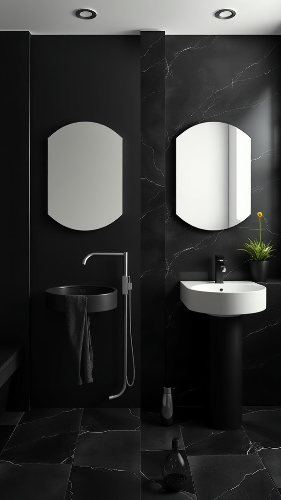 A modern black bathroom with matte and glossy finishes, featuring a matte sink on the left and a glossy sink on the right.