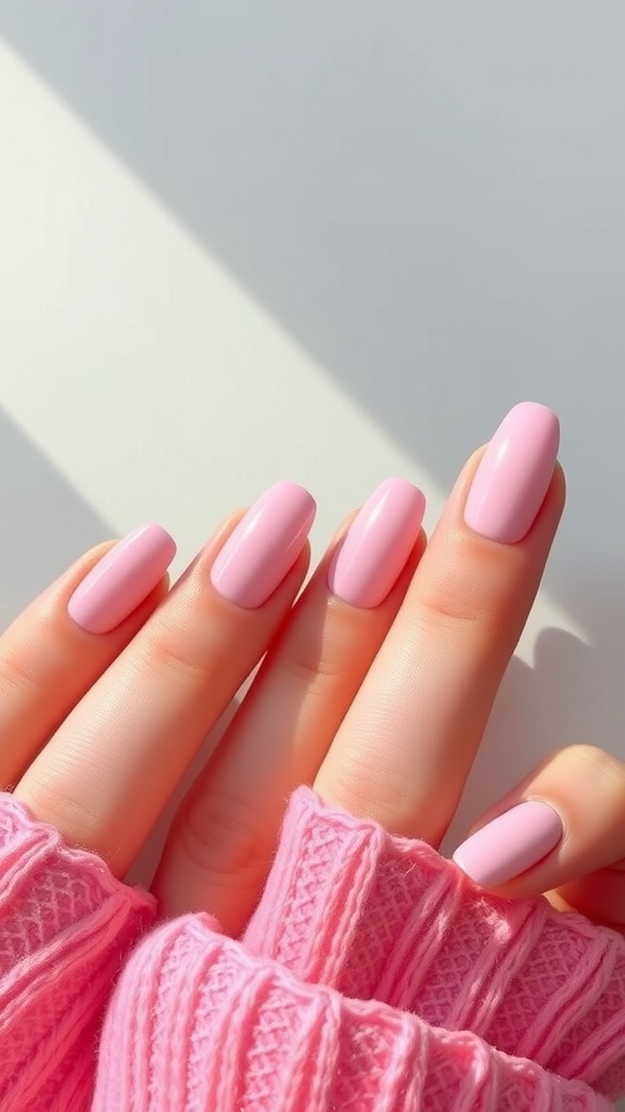 Close-up of light pink chrome nails with a stylish matte finish.