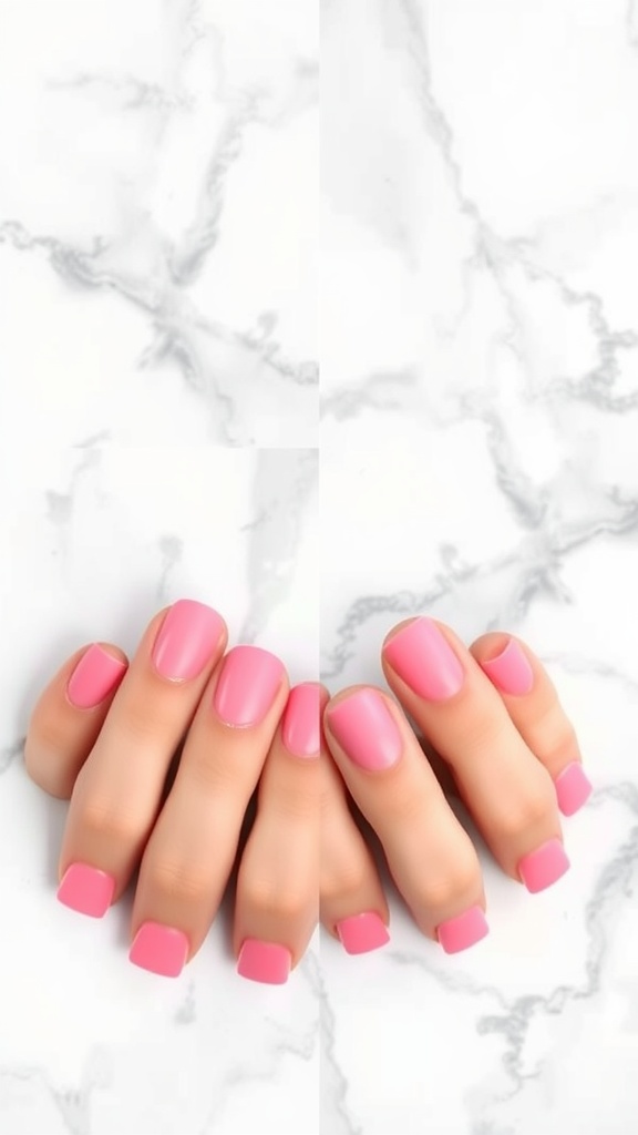 A set of pink French tip nails with a glossy finish on a marble background.