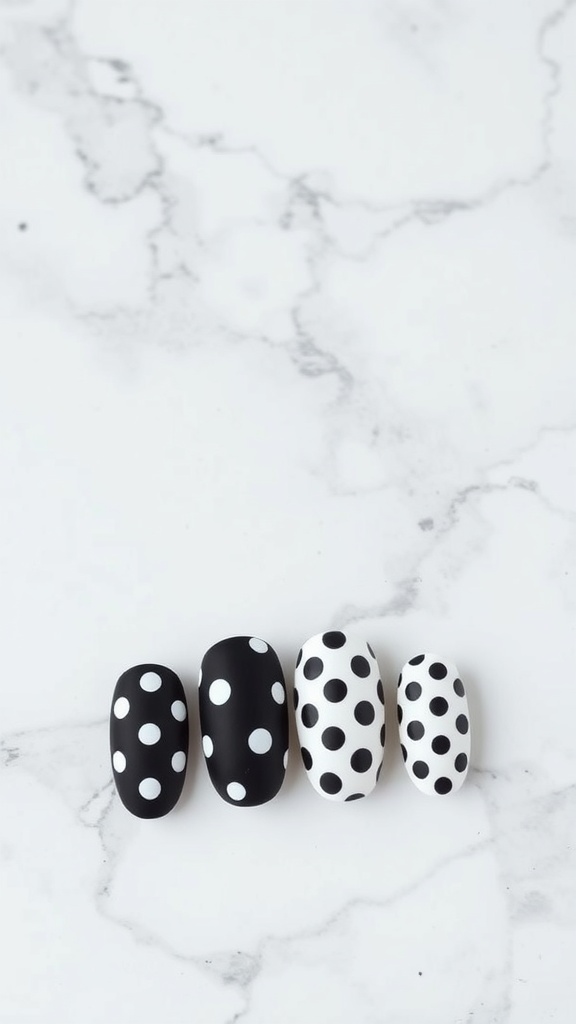 A set of black and white polka dot nails showcasing both matte and glossy finishes on a marble background.