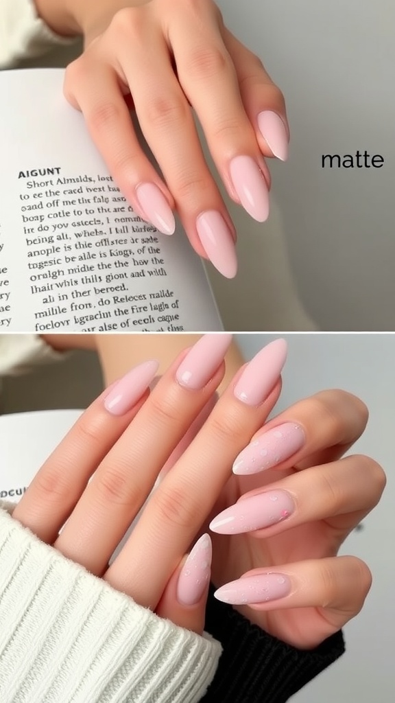 Comparison of matte and glossy finishes on short almond nails