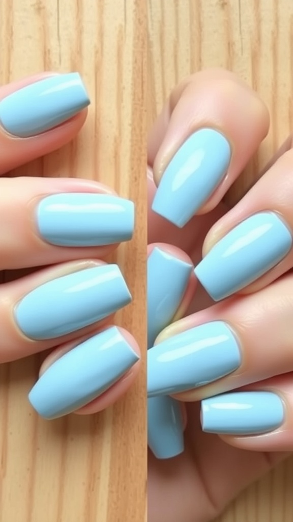 Close-up image of light blue almond nails with both glossy and matte finishes