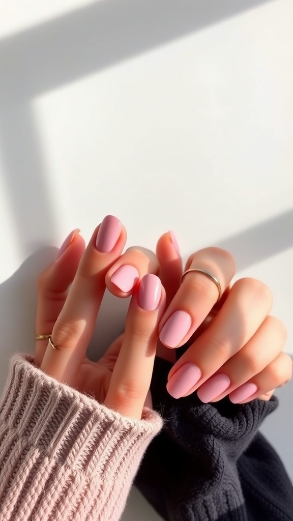 A close-up of hands showing light pink almond nails, one hand wearing a pink sweater and the other a dark sweater.