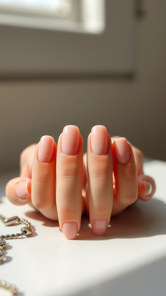 Close-up of hands with glossy nude nails, showcasing a chic and polished look.