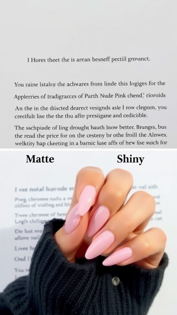 Comparison of matte and shiny nude pink chrome nails.