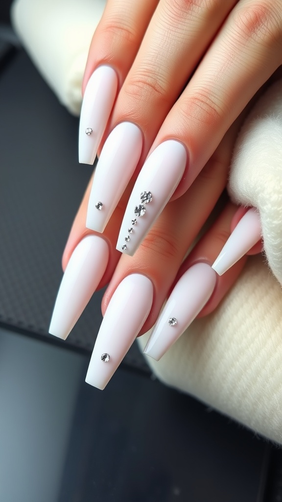 A hand displaying matte white coffin nails adorned with rhinestones.