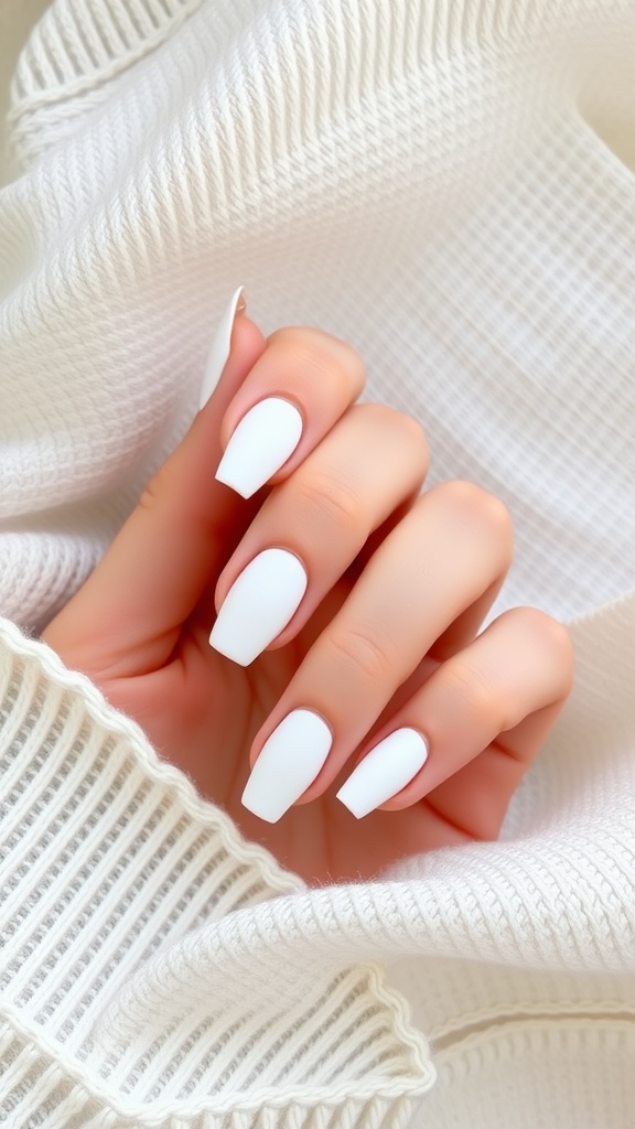 Close-up of matte white nails resting on soft white fabric.