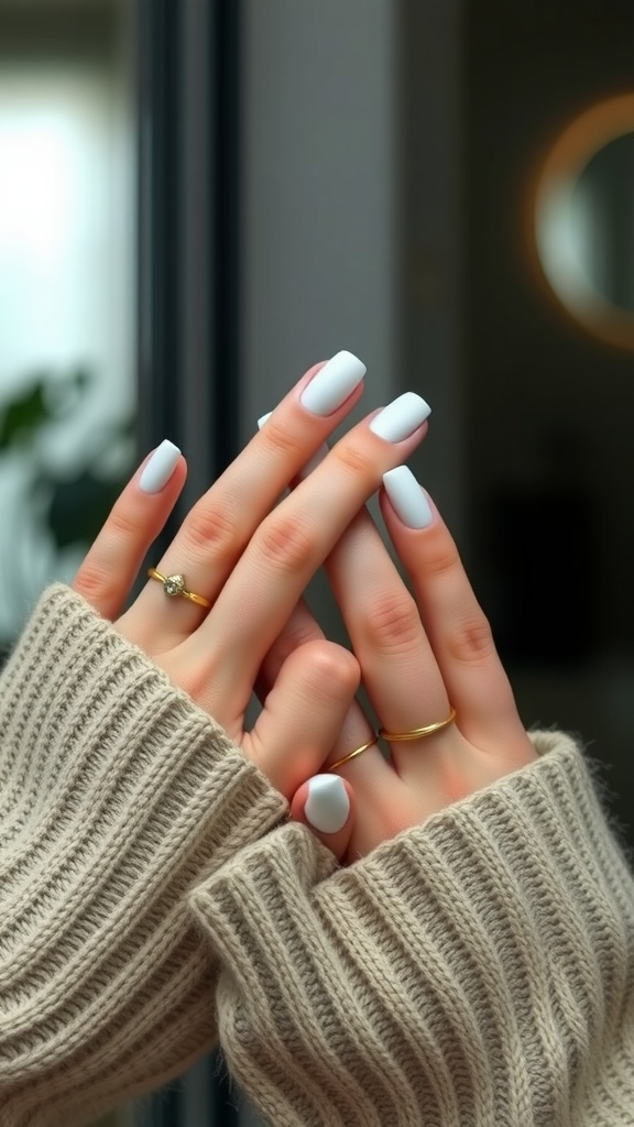 Close-up of hands with matte white nails, wearing rings and a beige knitted sweater.