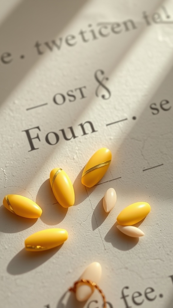 Matte yellow almond nails with gold foil accents on a light background.