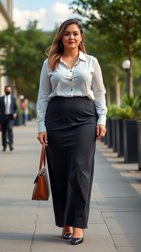 A plus-size woman walking in a business casual outfit, featuring a fitted black skirt and a white blouse, accessorized with a brown handbag.