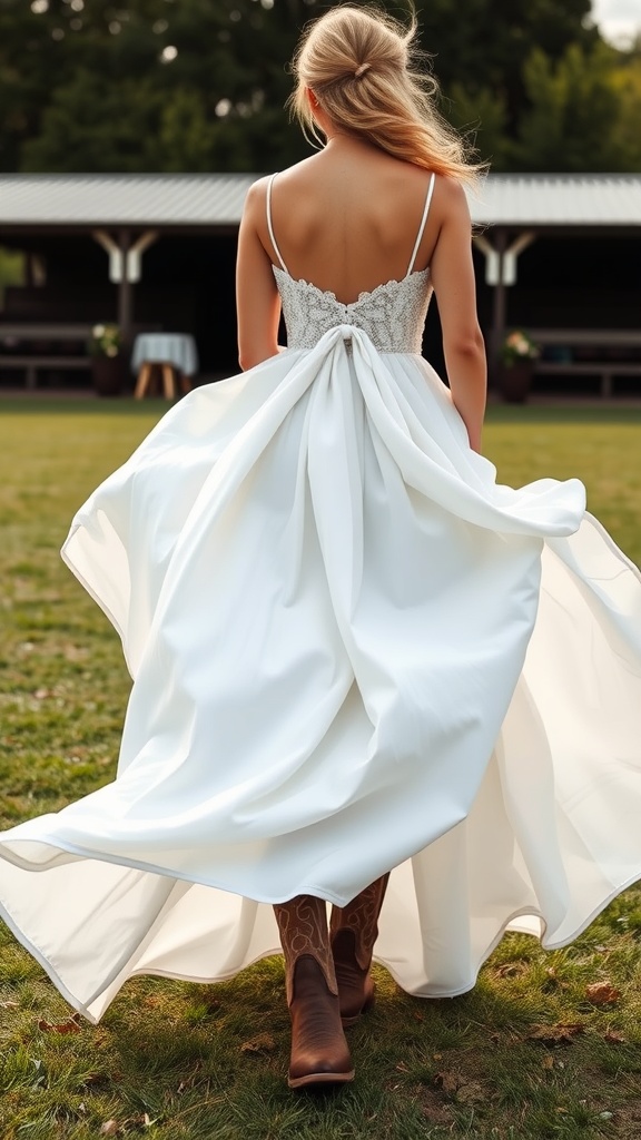 Bride in a flowing white maxi dress and cowboy boots walking away