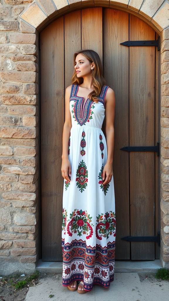 A woman wearing a white maxi dress with vibrant ethnic embroidery, standing in front of a wooden door.