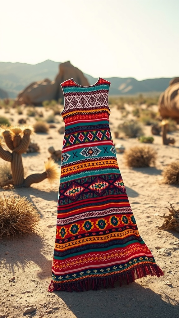 A colorful maxi dress with Southwestern prints displayed in a desert setting.